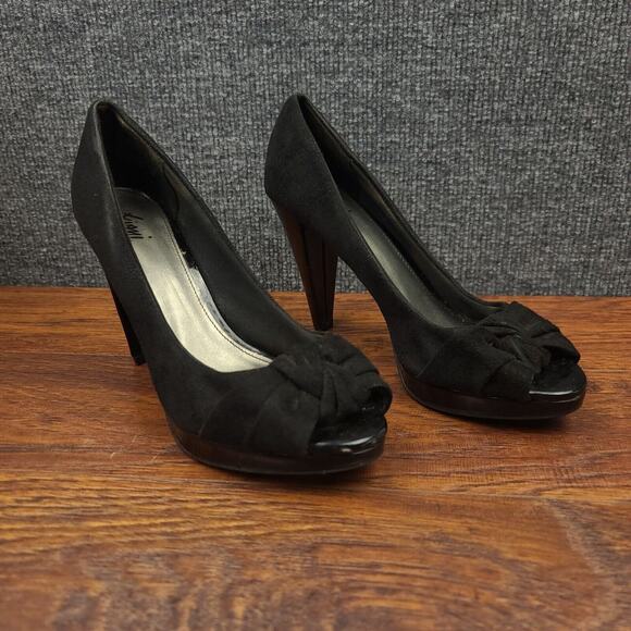 Fioni Peep Toe Pumps Womens 8 Black Suede Stiletto High Heel Dress Shoes - Picture 2 of 13